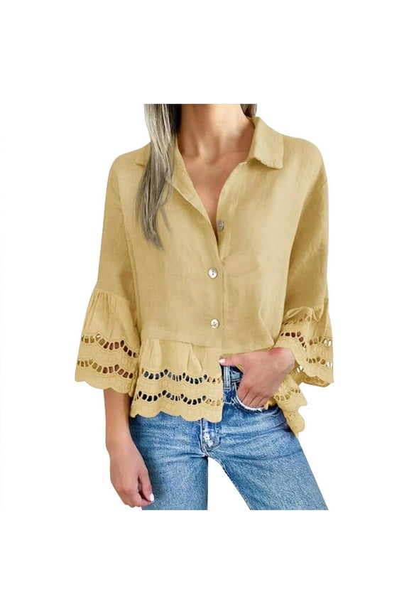 Womens 3/4 Bell Sleeve Button Down Shirts Casual Ruffle Hem Tops Eyelet Blouse Yellow S