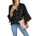 thumbnail image 1 of Womens 3/4 Bell Sleeve Button Down Shirts Casual Ruffle Hem Tops Eyelet Blouse, 1 of 6