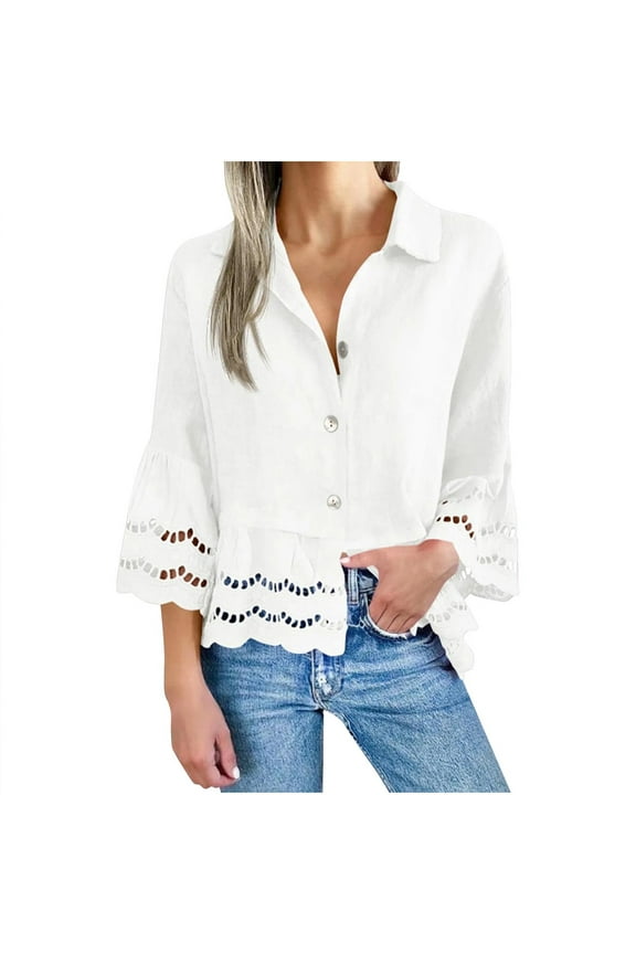 Womens 3/4 Bell Sleeve Button Down Shirts Casual Ruffle Hem Tops Eyelet Blouse
