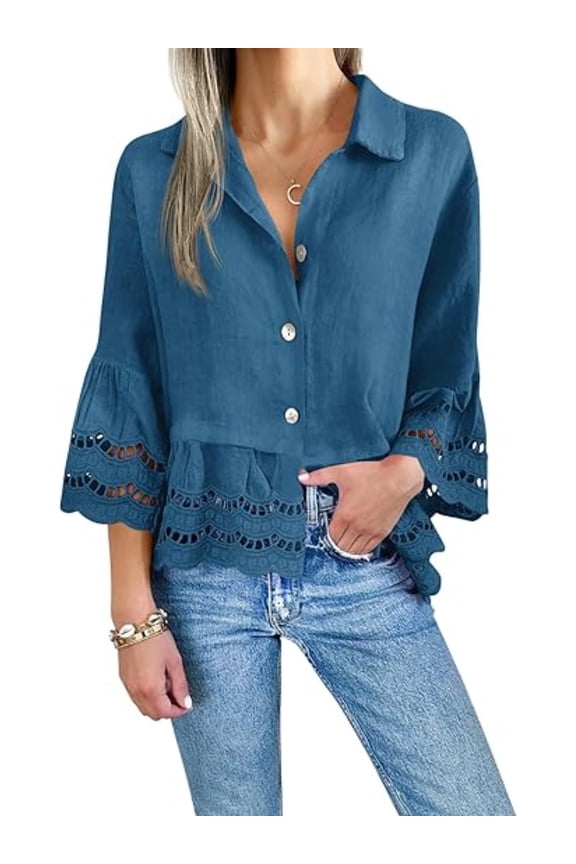 Womens 3/4 Bell Sleeve Button Down Shirts Casual Ruffle Hem Tops Eyelet Blouse