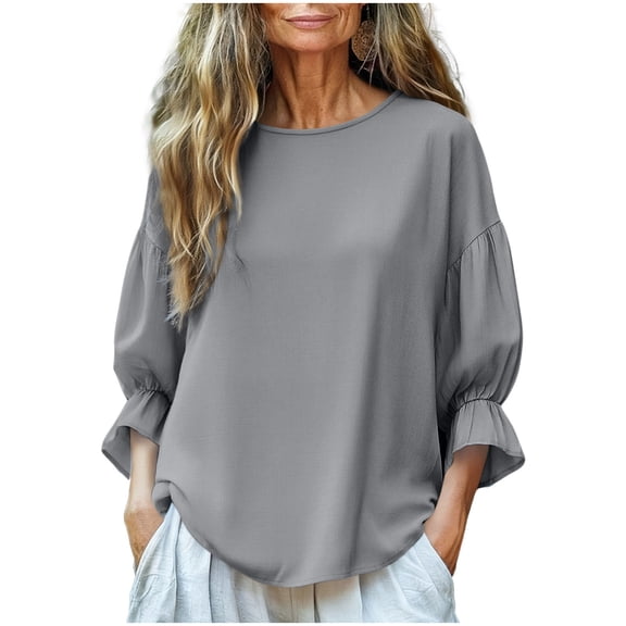 Womens 3/4 Bell Sleeve Shirt Crewneck Peplum Tops Lightweight Work Blouse Business Casual Shirts