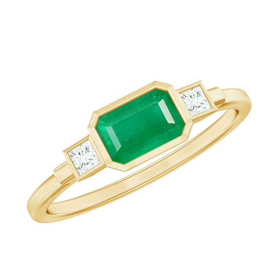 Rosec Jewels Womens 3/4 CT Octagon shape Emerald and Princess shape Diamond Ring in Bezel Setting, Emerald East West Ring, 10K Yellow Gold, US 8.50