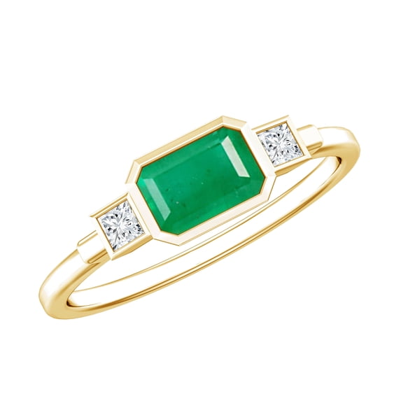 Rosec Jewels Womens Emerald Cut Emerald and Princess Cut Diamond Ring in Bezel Setting, Emerald East West Ring, 10K Yellow Gold, US 8.50