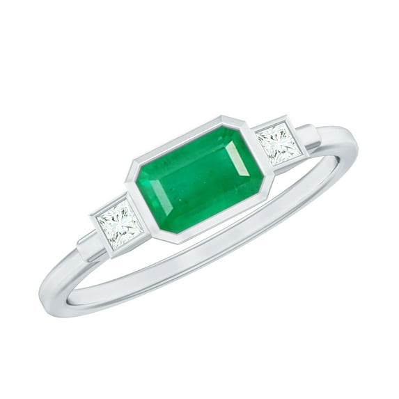 Rosec Jewels Womens 3/4 CT Octagon shape Emerald and Princess shape Diamond Ring in Bezel Setting, Emerald East West Ring, 14K White Gold, US 3.50