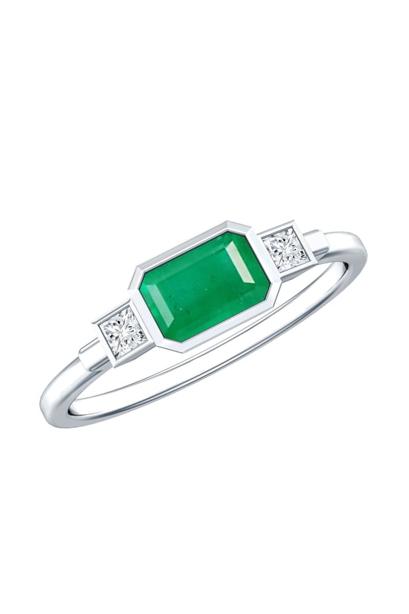Womens Emerald Cut Emerald and Princess Cut Diamond Ring in Bezel Setting, Emerald East West Ring, 925 Sterling Silver, US 4.00