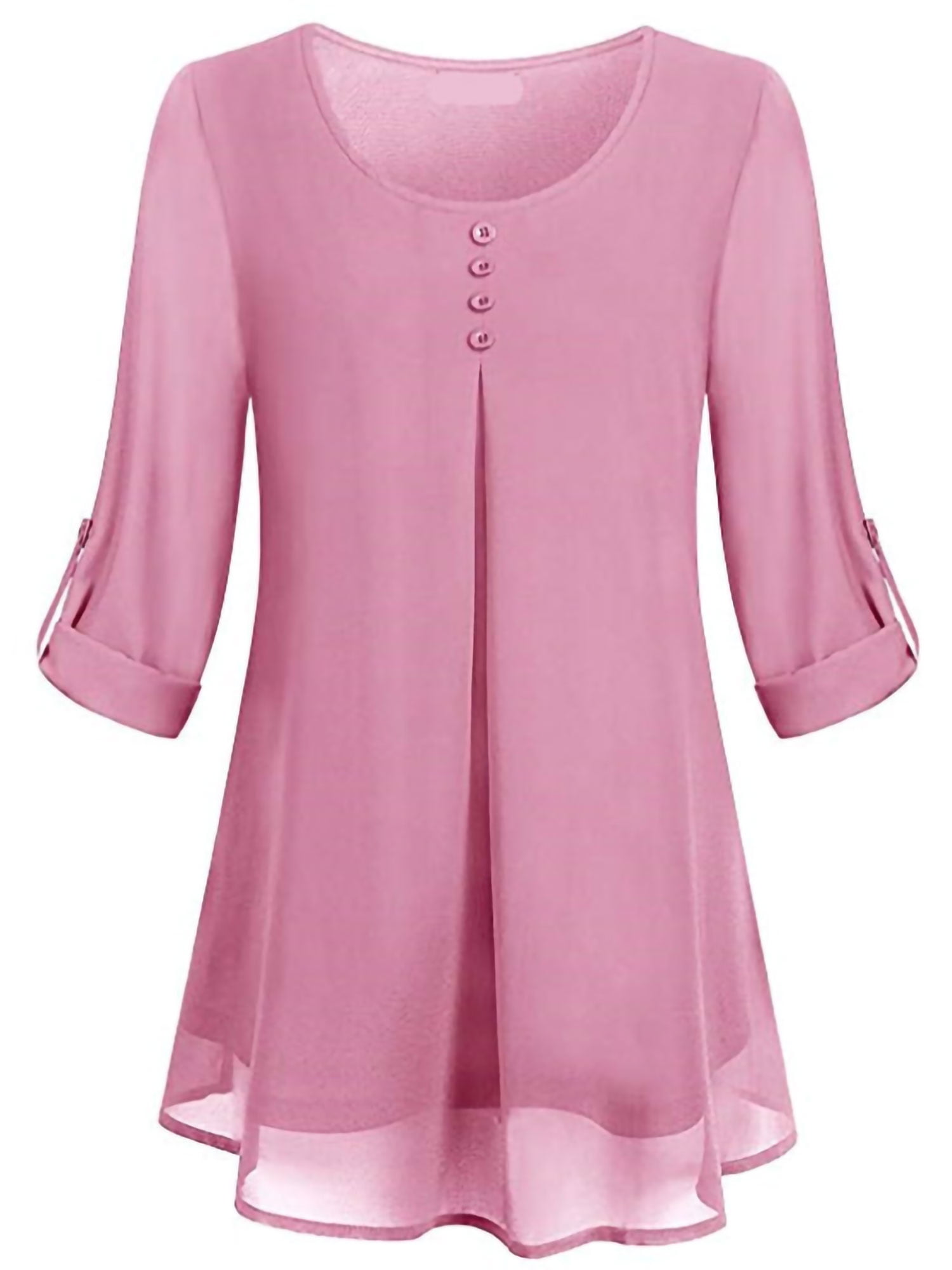 Womens 3/4 Cuffed Sleeve Chiffon Blouses Elegant Loose Long