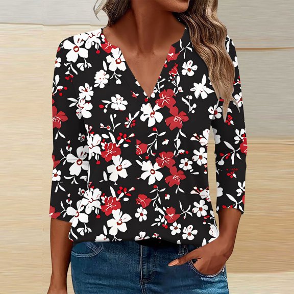 Womens 3/4 Cuffed Sleeve Floral Blossom Printed V Neck Casual Blouse Shirt Tops Fashion 2024 Slim Fit Tunics
