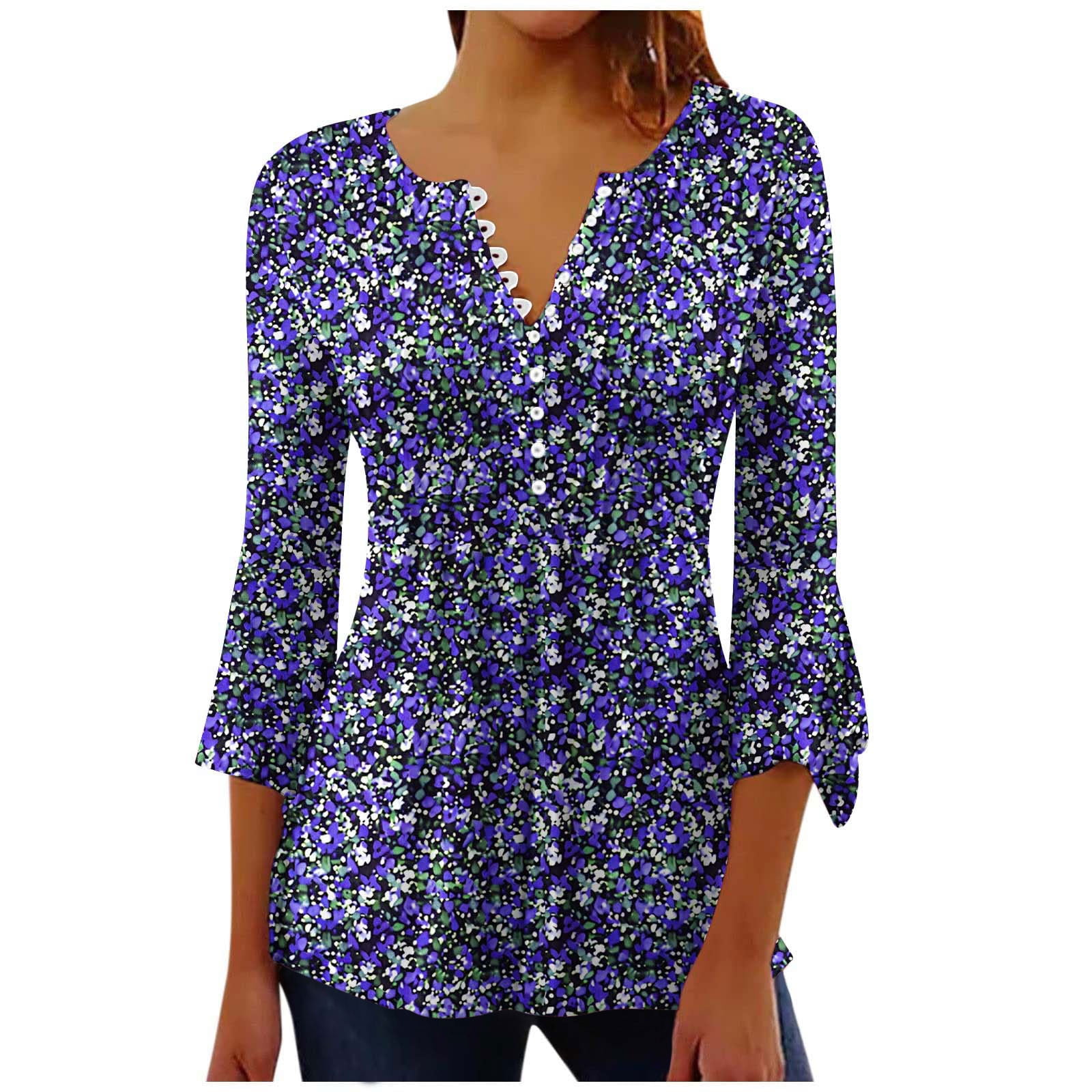 Womens 3/4 Length Bell Sleeve Tops Floral Print Loose Summer Fall ...