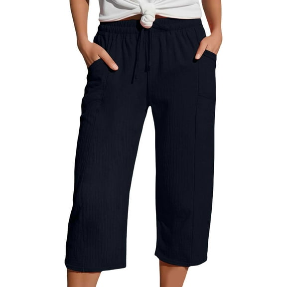Womens 3/4 Length Linen Pants Lightweight Drawstring Elastic Waist Loose Fit Cropped Trousers For Travel And Leisure