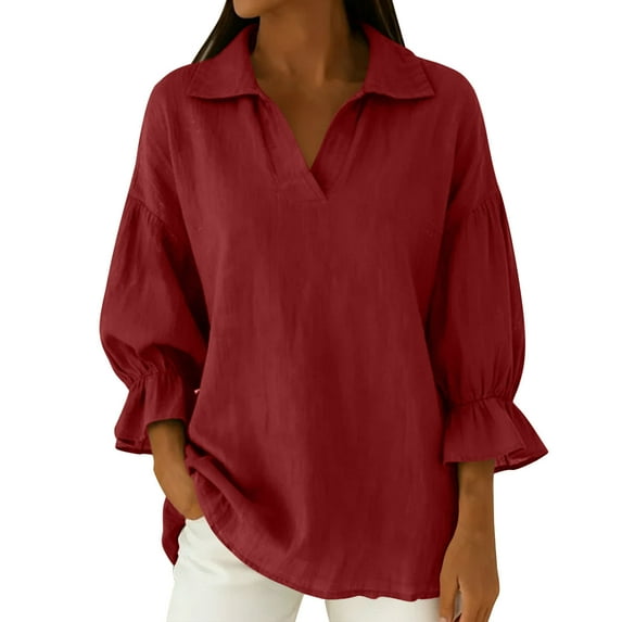 Womens 3/4 Length Ruffle Sleeve Tee Shirts Cotton Linen Collared Tops Baggy Business Work Dressy Blouses