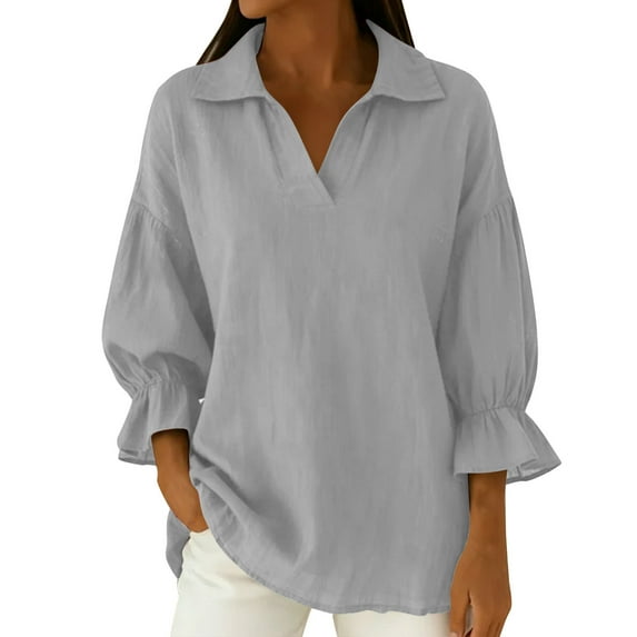 Womens 3/4 Length Ruffle Sleeve Tee Shirts Cotton Linen Collared Tops Baggy Business Work Dressy Blouses