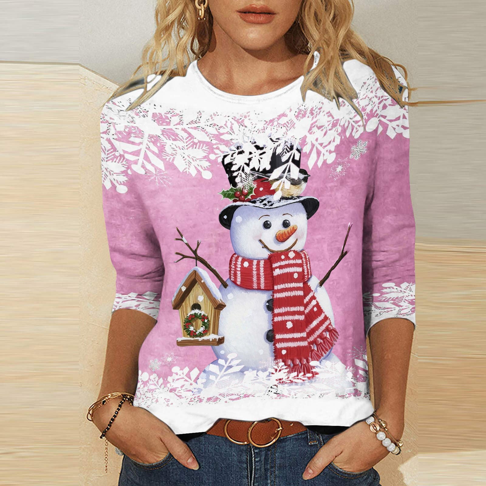 Plus Size Women's Christmas T-Shirt - Funny Leopard Plaid Tree Print Long Sleeve Raglan Top For Holiday