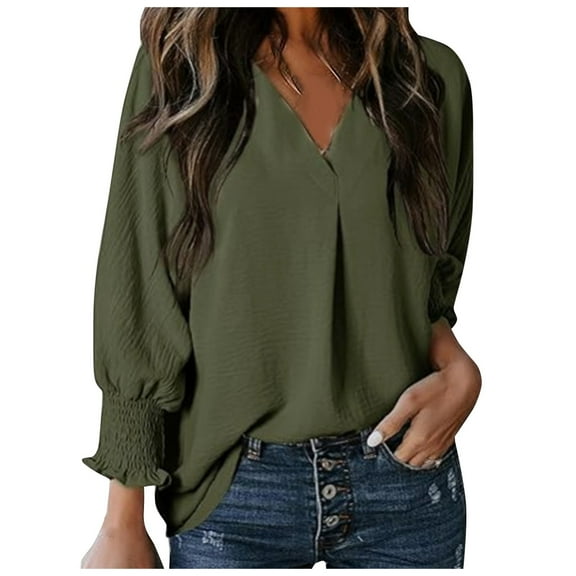 Womens 3/4 Length Sleeve Blouses Dressy Casual V-Neck Solid Business Shirts with Smocked Office Work Fashion Tunic Tops