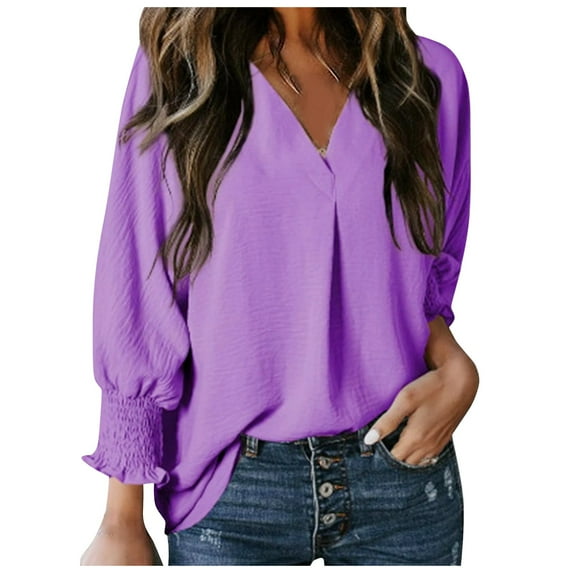 Womens 3/4 Length Sleeve Blouses Dressy Casual V-Neck Solid Business Shirts with Smocked Office Work Fashion Tunic Tops