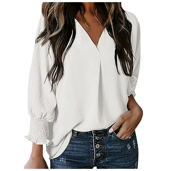 Womens 3/4 Length Sleeve Blouses Dressy Casual V-Neck Solid Business Shirts with Smocked Office Work Fashion Tunic Tops
