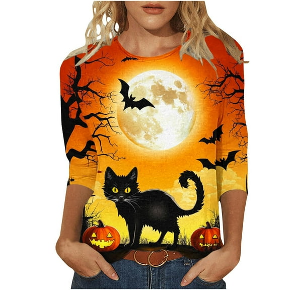 Womens 3/4 Length Sleeve Blouses Fashion Halloween Printed Round Neck T-Shirt Plus Size Tunic Tops Loose Shirts Pullover Costumes Blouse