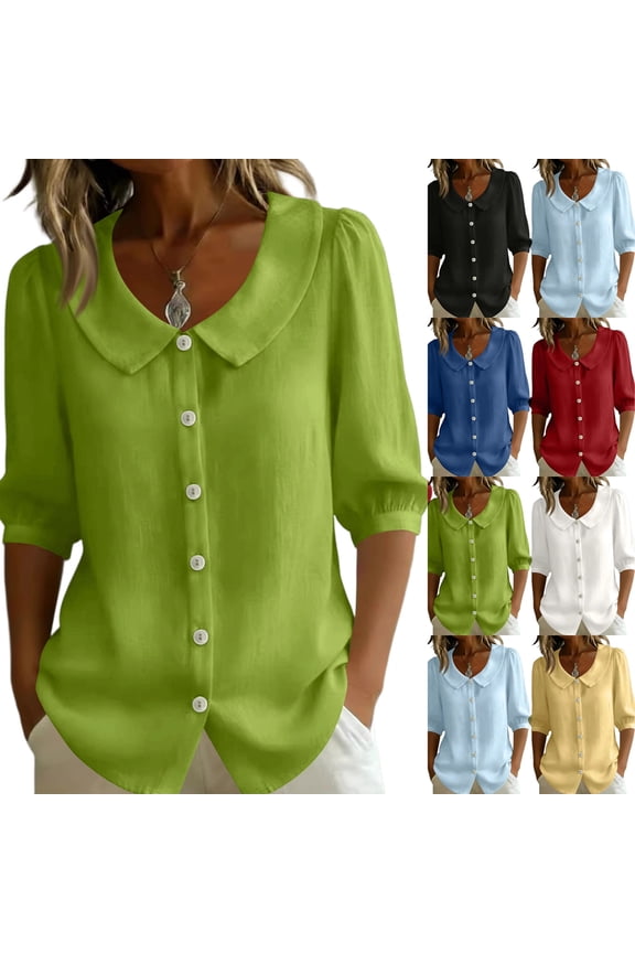 Womens 3/4 Length Sleeve Button Down Blouses Peter Pan Collar Cotton Linen Loose Flowy Fit Tops Soft Wrinkle Resistant Casual Summer Office Shirts , XXL, #01 Green