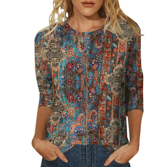 Womens 3/4 Length Sleeve Dressy Tops Fall Fashion Floral Print Crew Neck Basic Boho Tee Shirts Vintage Slim Fitted 2025 Blouses