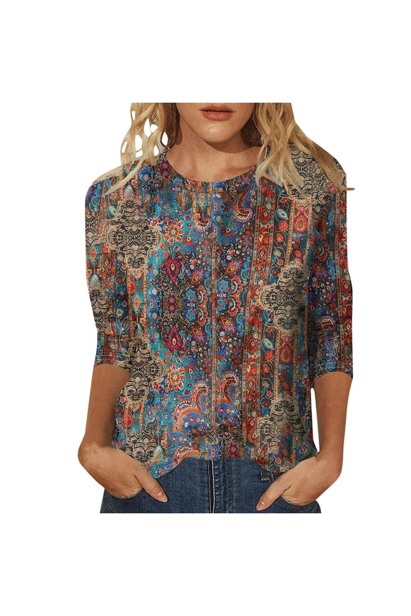 Womens 3/4 Length Sleeve Dressy Tops Fall Fashion Floral Print Crew Neck Basic Boho Tee Shirts Vintage Slim Fitted 2025 Blouses