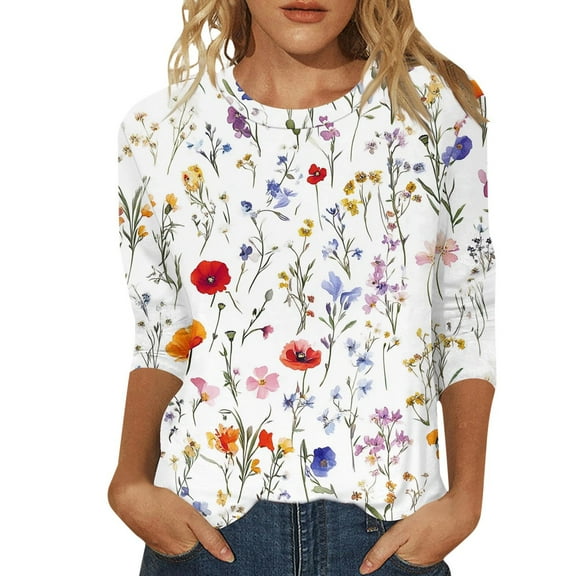 Womens 3/4 Length Sleeve Dressy Tops Fall Fashion Floral Print Crew Neck Basic Boho Tee Shirts Vintage Slim Fitted 2025 Blouses