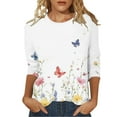 thumbnail image 1 of Womens 3/4 Length Sleeve Dressy Tops Fall Fashion Floral Print Crew Neck Basic Boho Tee Shirts Vintage Slim Fitted 2025 Blouses, 1 of 5