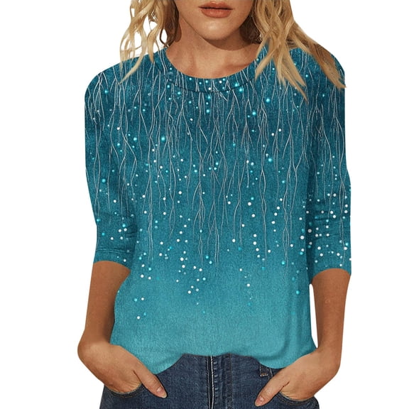 Womens 3/4 Length Sleeve Dressy Tops Fall Fashion Floral Print Crew Neck Basic Boho Tee Shirts Vintage Slim Fitted 2025 Blouses