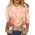 thumbnail image 1 of Womens 3/4 Length Sleeve Dressy Tops Fall Fashion Floral Print Crew Neck Basic Boho Tee Shirts Vintage Slim Fitted 2025 Blouses, 1 of 4