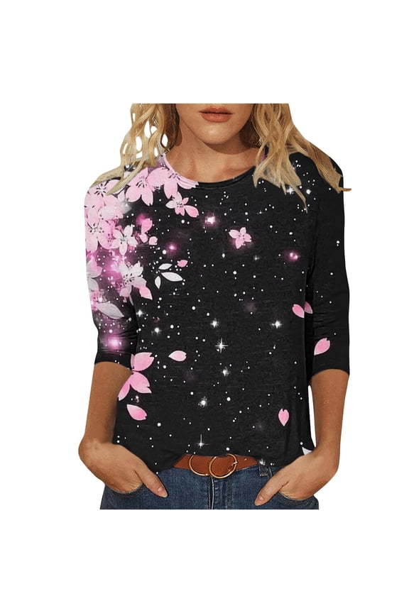 Womens 3/4 Length Sleeve Dressy Tops Fall Fashion Floral Print Crew Neck Basic Boho Tee Shirts Vintage Slim Fitted 2025 Blouses
