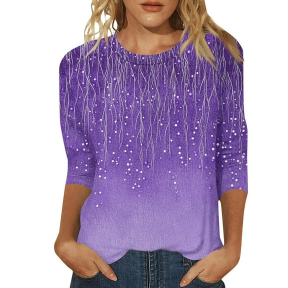 Womens 3/4 Length Sleeve Dressy Tops Fall Fashion Floral Print Crew Neck Basic Boho Tee Shirts Vintage Slim Fitted 2025 Blouses