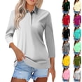 thumbnail image 1 of Womens 3/4 Length Sleeve Polo Shirts Business Casual Collared V Neck Tops Summer Cotton 5 Buttons Polos Tshirts,Light Gray S, 1 of 6