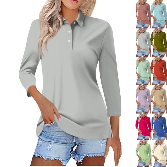 Womens 3/4 Length Sleeve Polo Shirts Business Work Casual V Neck Collared Tops Button Down Loose Fit Tees Shirts,Light Gray XL
