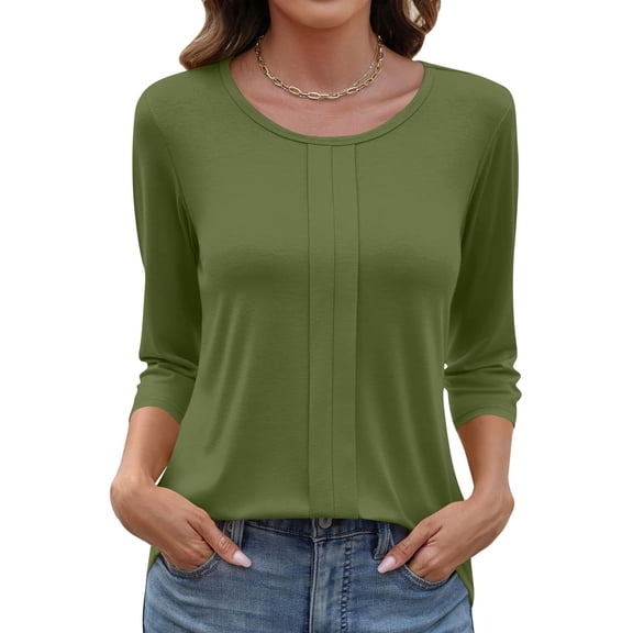 Womens 3/4 Length Sleeve Shirts Crewneck Spring Summer Pleated Tops Casual Beach Vacation T Shirts Army Green M