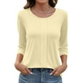 thumbnail image 1 of Womens 3/4 Length Sleeve Shirts Crewneck Spring Summer Pleated Tops Casual Beach Vacation T Shirts Beige M, 1 of 4