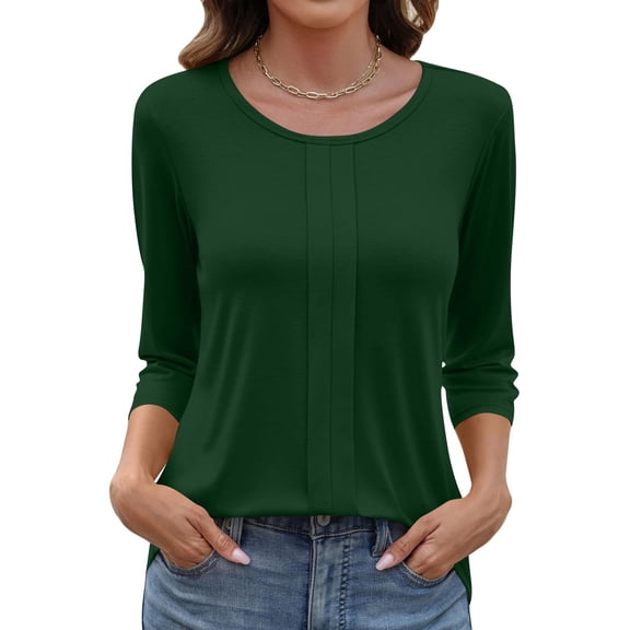 Womens 3/4 Length Sleeve Shirts Crewneck Spring Summer Pleated Tops Casual Beach Vacation T Shirts Dark Green L