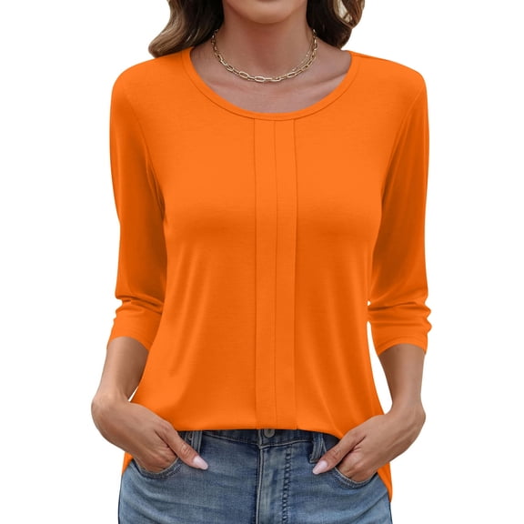 Womens 3/4 Length Sleeve Shirts Crewneck Spring Summer Pleated Tops Casual Beach Vacation T Shirts Saffron M
