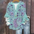 thumbnail image 1 of Womens 3/4 Length Sleeve Shirts Fashion New Ruffle Sleeves Blouses Retro Floral Printing Shirts Casual Loose V Neck Spring Summer Top Comfortable Button TShirts Pullover, 1 of 5