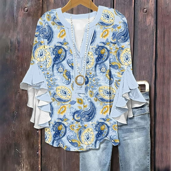 Womens 3/4 Length Sleeve Shirts Fashion New Ruffle Sleeves Blouses Retro Floral Printing Shirts Casual Loose V Neck Spring Summer Top Comfortable Button TShirts Pullover