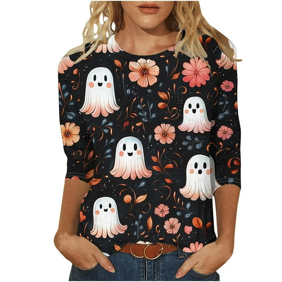 Womens 3/4 Length Sleeve Shirts Halloween Blouses Fashion Halloween Printed Plus Size Tunic Tops Blouses Fall Casual Round Neck Pullover Halloween Holiday Costume TShirt