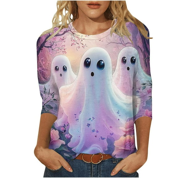 Womens 3/4 Length Sleeve Shirts Halloween Blouses Fashion Halloween Printed Plus Size Tunic Tops Blouses Fall Casual Round Neck Pullover Halloween Holiday Costume TShirt