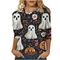 Womens 3/4 Length Sleeve Shirts Halloween Blouses Fashion Halloween Printed Plus Size Tunic Tops Blouses Fall Casual Round Neck Pullover Halloween Holiday Costume TShirt
