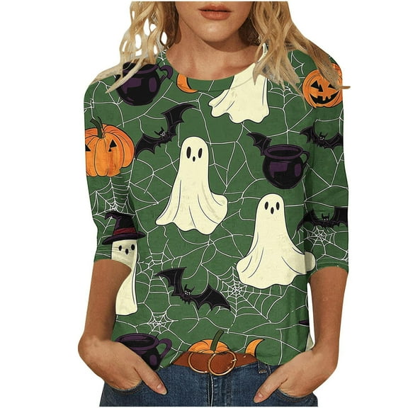 Womens 3/4 Length Sleeve Shirts Halloween Blouses Fashion Halloween Printed Plus Size Tunic Tops Blouses Fall Casual Round Neck Pullover Halloween Holiday Costume TShirt