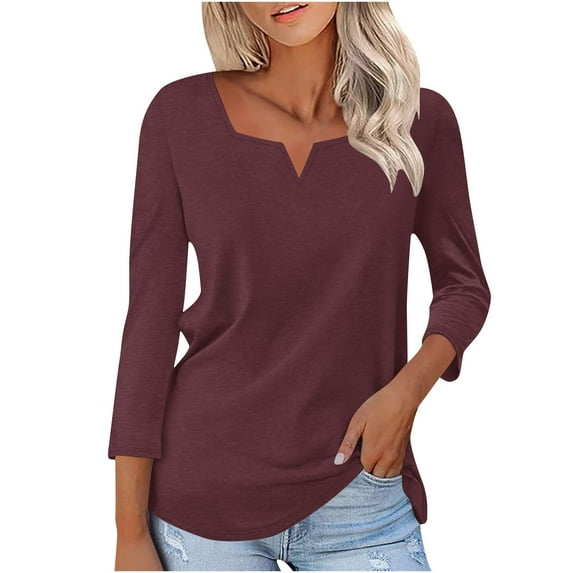 Womens 3/4 Length Sleeve Shirts Lightweight Fall Plus Size Fashion Trendy Casual Peplum Going Out Tops for Women Loose Dressy Notched Neck Blouse Basic Tee Clothes