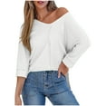 thumbnail image 1 of Womens 3/4 Length Sleeve Shirts Waffle Knit Tops Casual Summer Trendy Off The Shoulder T Shirts Loose Fit V Neck Tunic Tops Going Out Blouses Tee, 1 of 7