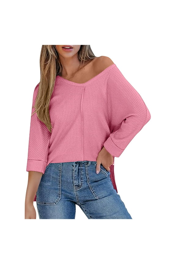 Womens 3/4 Length Sleeve Shirts Waffle Knit Tops Casual Summer Trendy Off The Shoulder T Shirts Loose Fit V Neck Tunic Tops Going Out Blouses Tee