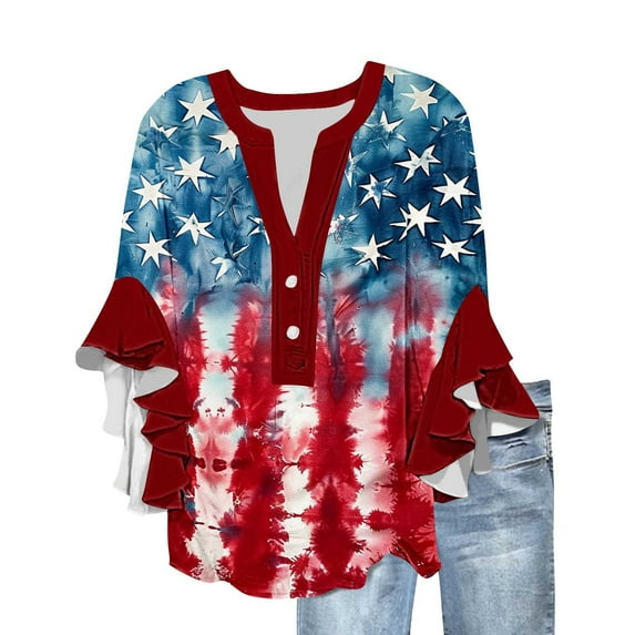 Womens 3/4 Length Sleeve Tee Independence Day Patriotic T-Shirts Henley Neck Tee Shirts Pleated Flowing Hem T-Shirt American Flag Printed Tunic Blouses Light Breathable T Shirts Beach Vacation outfit