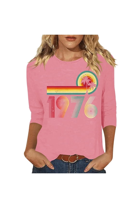 Womens 3/4 Length Sleeve Tees Crew Neck 1976 Graphic Print T Shirts Vintage Trendy Casual Pullover Tops (XXL, Pink)