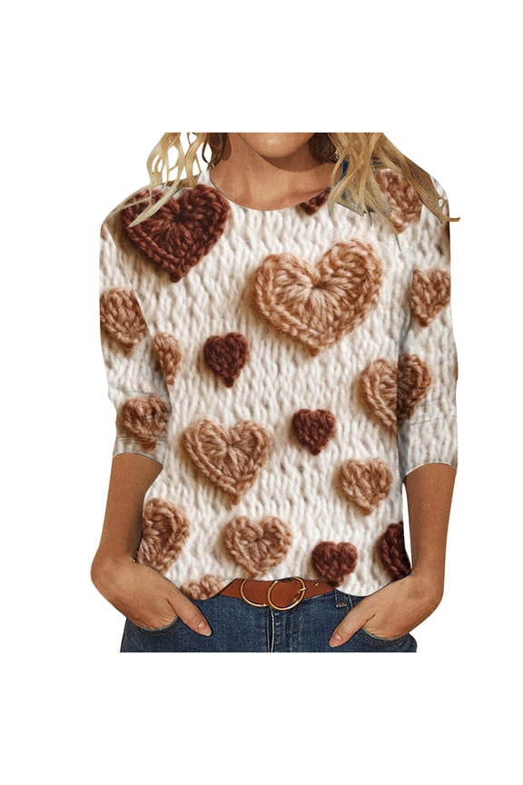 Womens 3/4 Length Sleeve Tops 2024, Valentines and Casual Fashion Style Shirts Crew Neck Loose-Fitting Blouses
