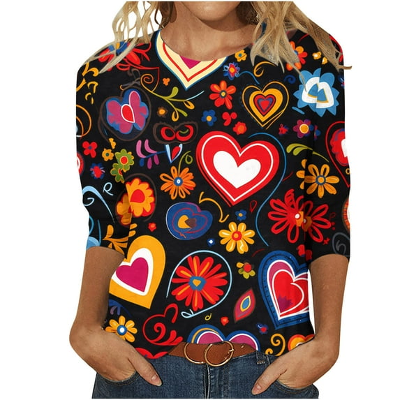 Womens 3/4 Length Sleeve Tops 2024, Valentines and Casual Fashion Style Shirts Crew Neck Loose-Fitting Blouses