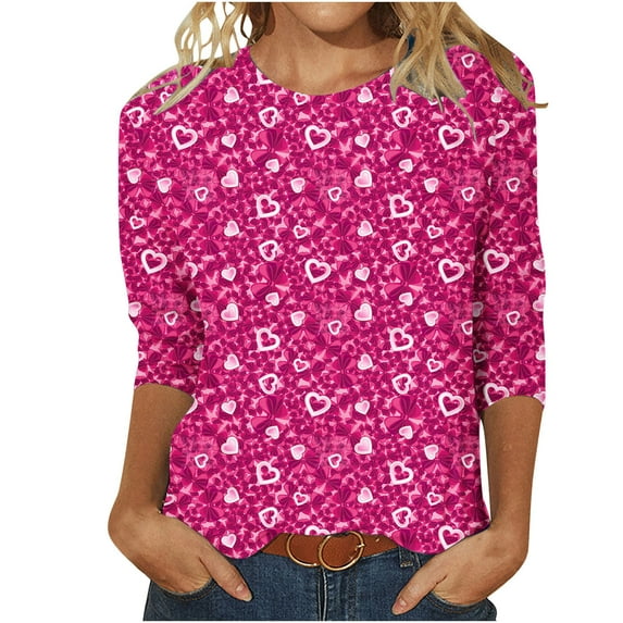 Womens 3/4 Length Sleeve Tops 2024, Valentines and Casual Fashion Style Shirts Crew Neck Loose-Fitting Blouses