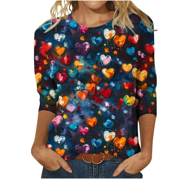 Womens 3/4 Length Sleeve Tops 2024, Valentines and Casual Fashion Style Shirts Crew Neck Loose-Fitting Blouses